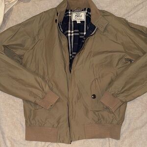 Jos. A. Bank Khaki Bomber Jacket with Navy Plaid Lining